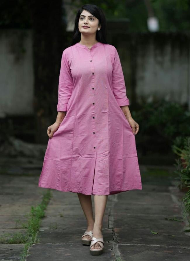 Cotton Pink Daily Wear Plain Readymade Dress